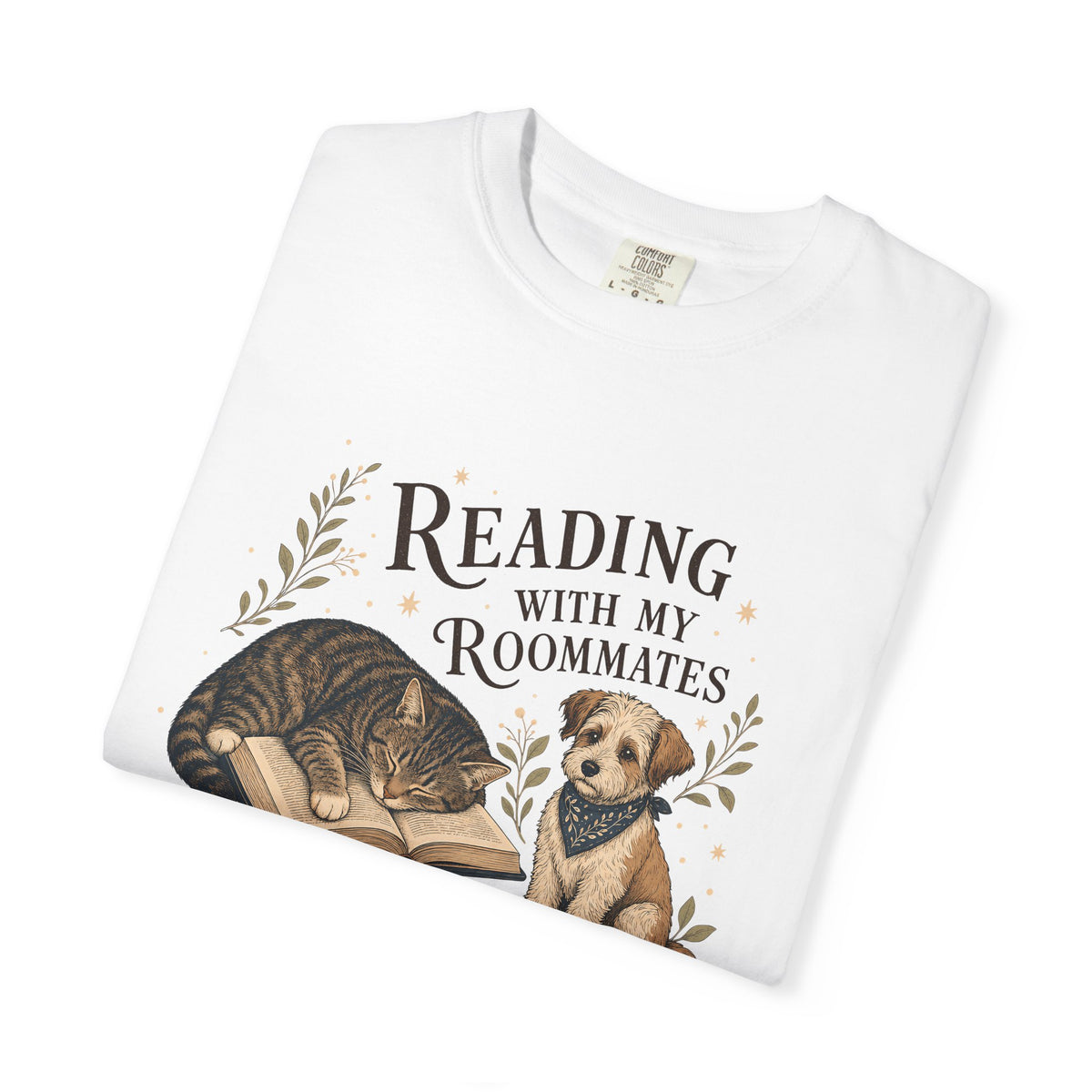 "Reading With My Roommates" Cat, Dog & Bunny Book Lover T-Shirt