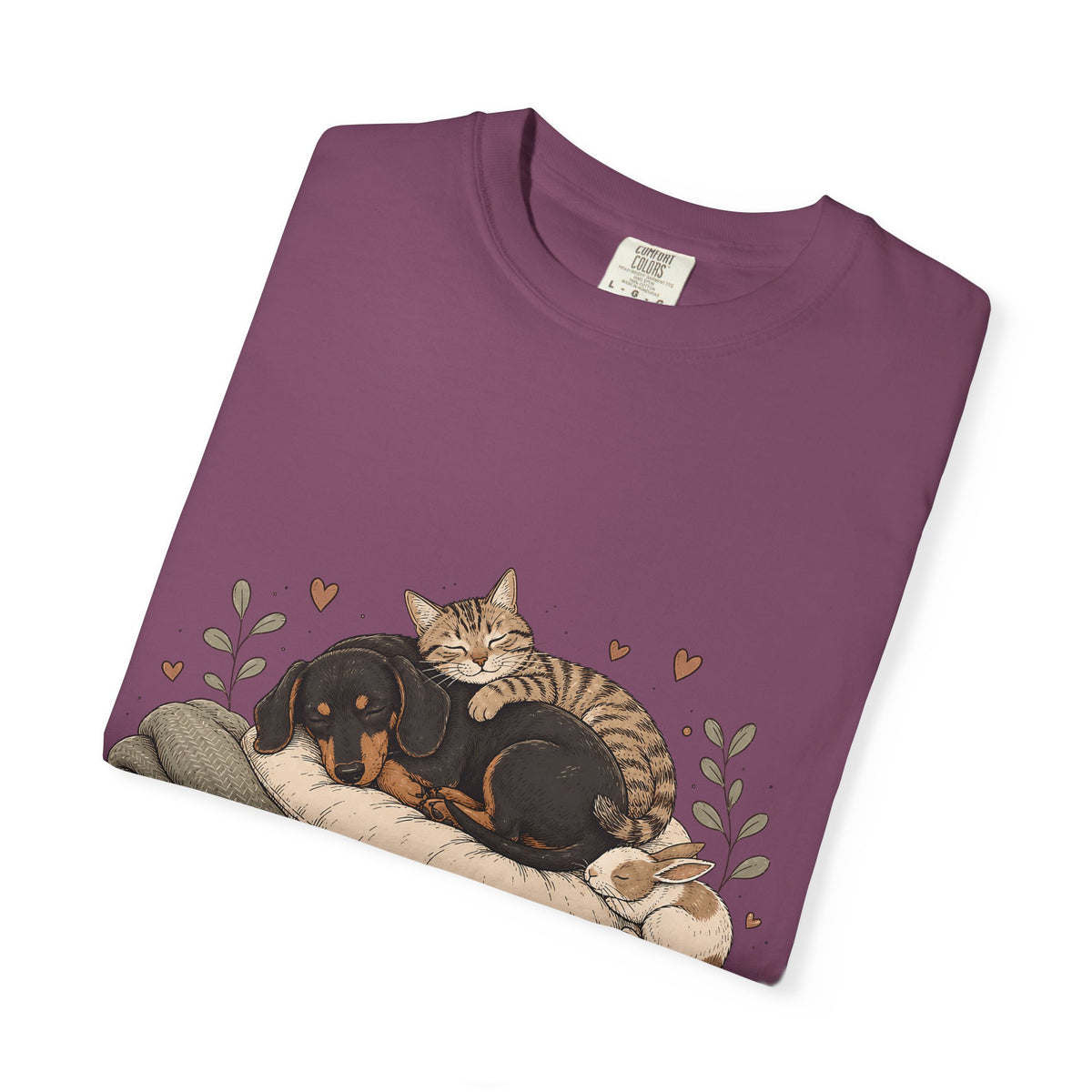 "Home Is Where They Nap" Sleepy Pets T-Shirt – Dachshund, Cat & Bunny Design