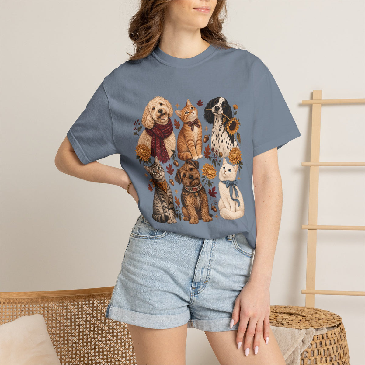 Vintage Autumn Dog & Cat T-Shirt – Six Pets Floral Graphic Tee