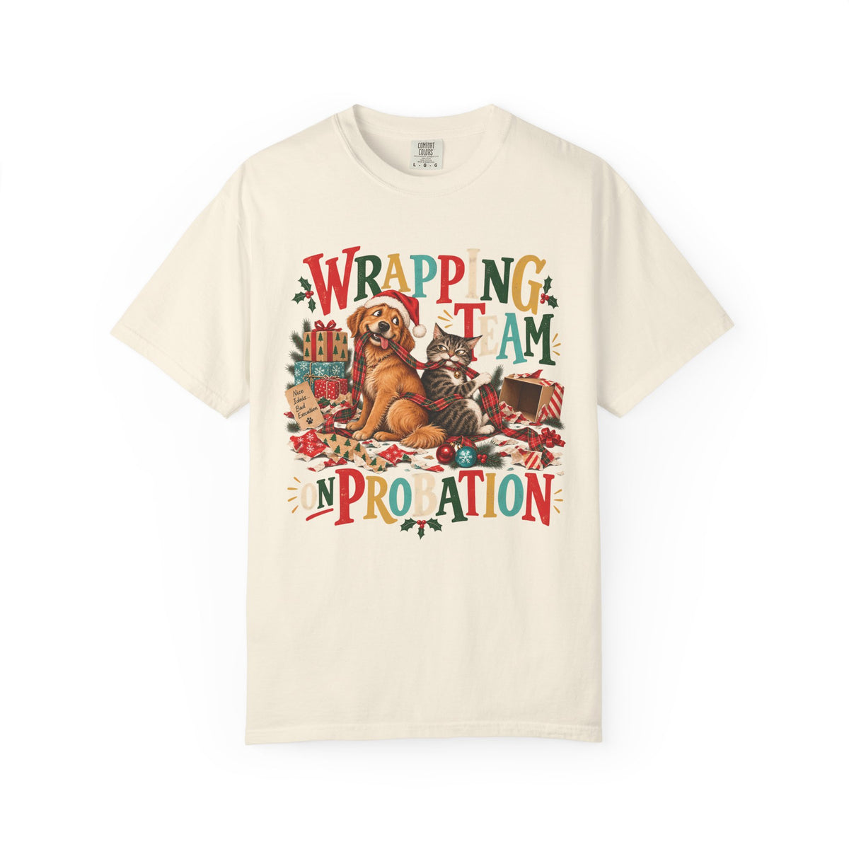 Wrapping Team on Probation T-Shirt – Funny Christmas Dog & Cat Tee