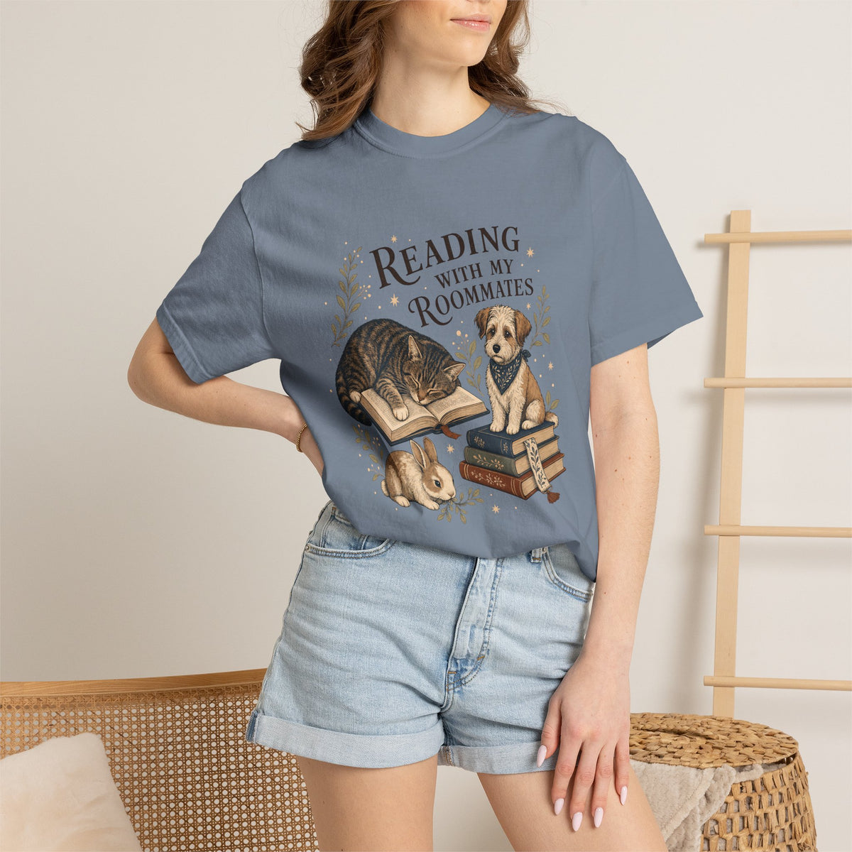 "Reading With My Roommates" Cat, Dog & Bunny Book Lover T-Shirt