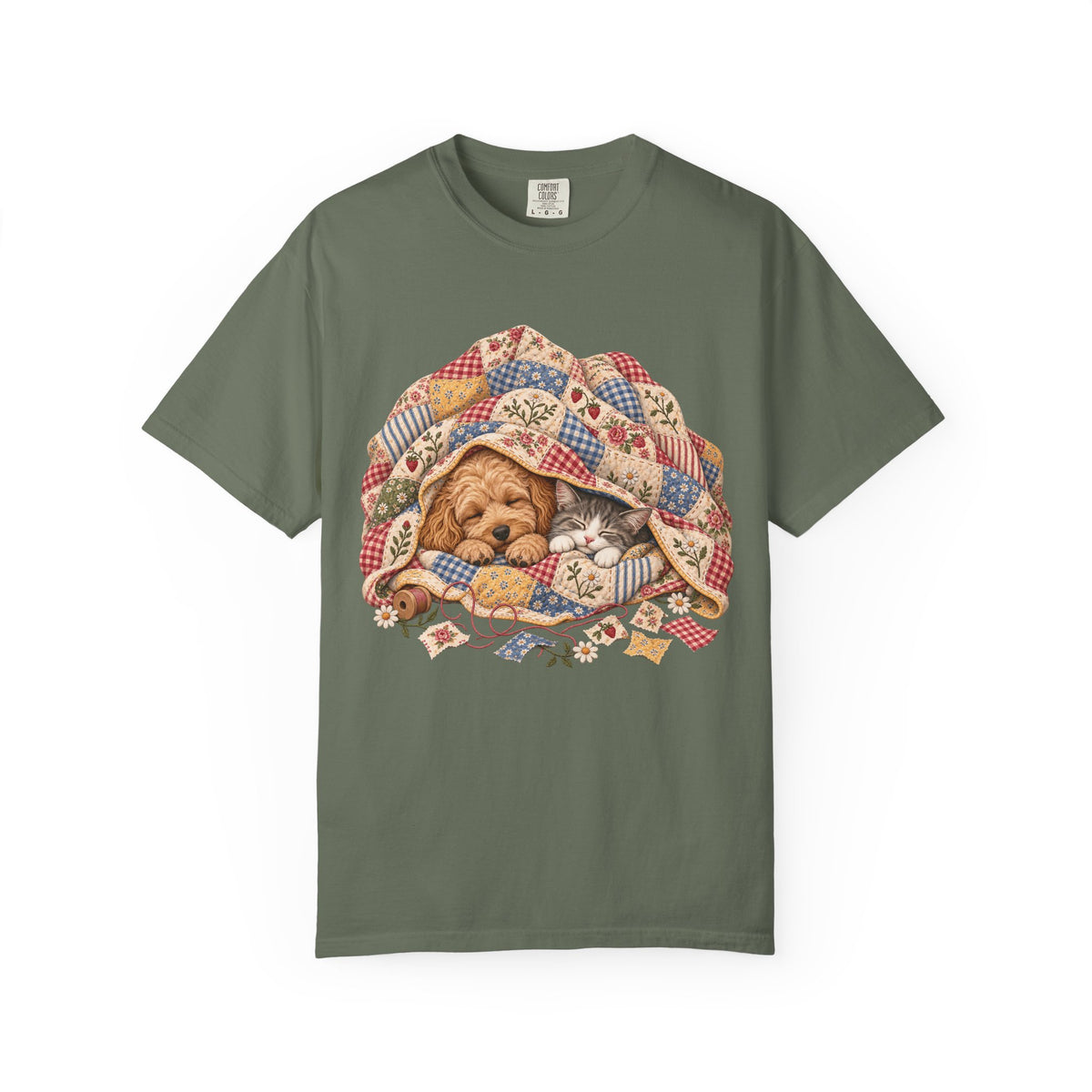 Sleeping Puppy & Kitten T-Shirt – Vintage Patchwork Quilt Pet Lover Tee