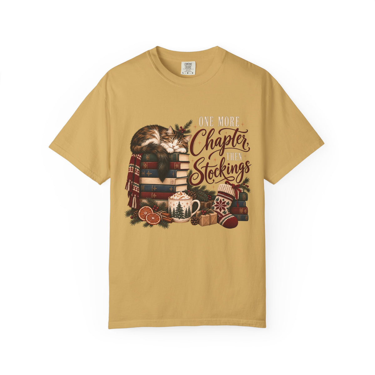 One More Chapter Then Stockings T-Shirt – Christmas Cat & Book Lover Tee