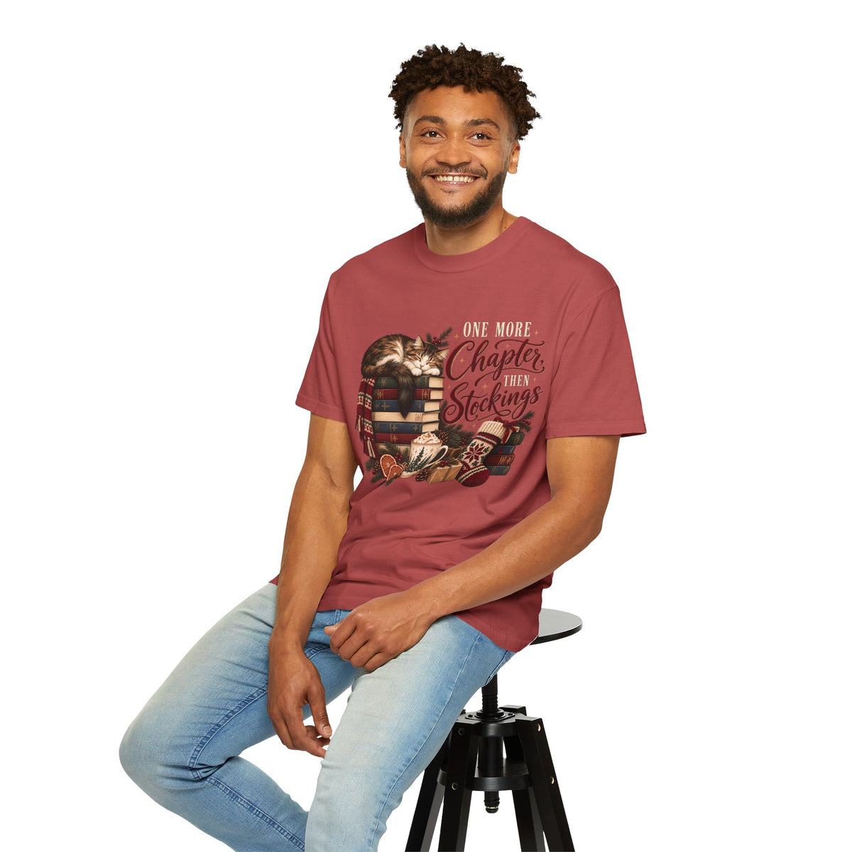 One More Chapter Then Stockings T-Shirt – Christmas Cat & Book Lover Tee