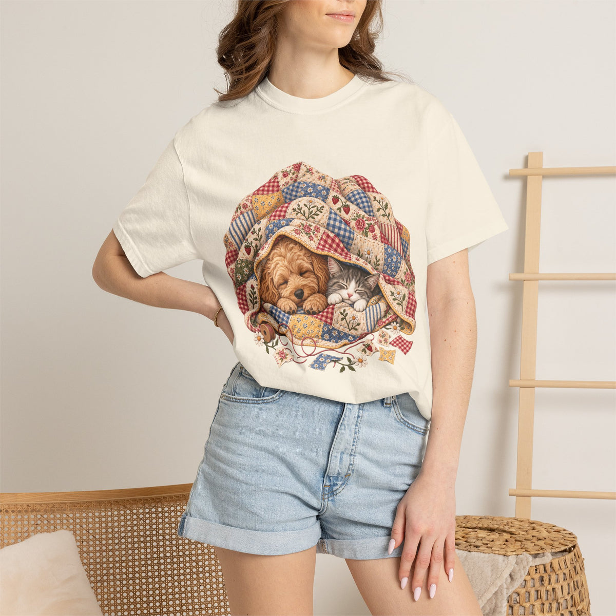 Sleeping Puppy & Kitten T-Shirt – Vintage Patchwork Quilt Pet Lover Tee
