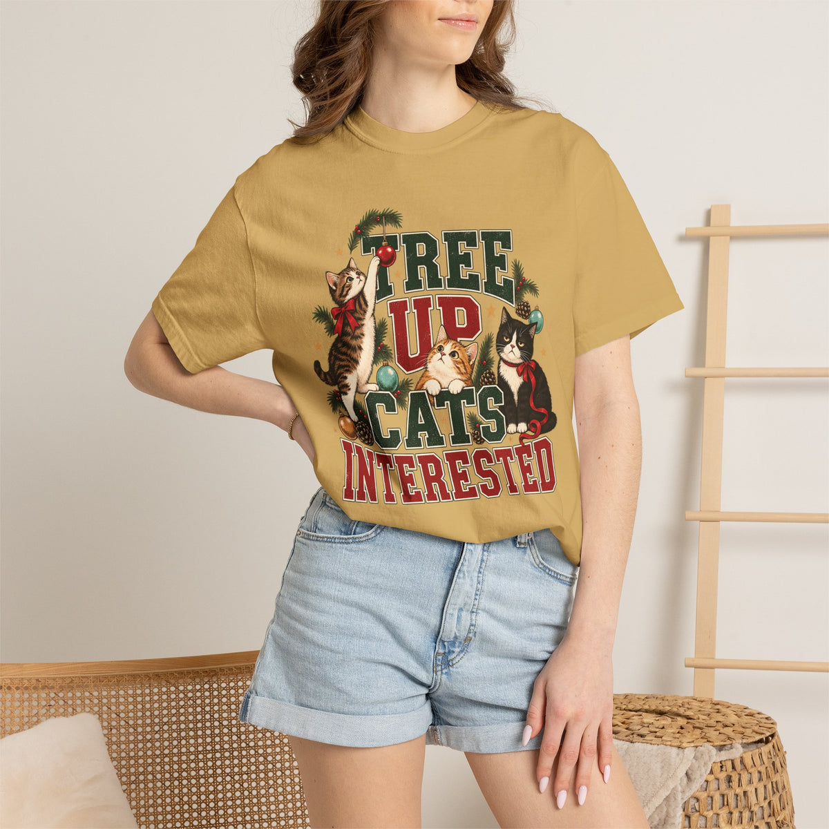 Tree Up Cats Interested T-Shirt – Funny Christmas Cat Lover Tee