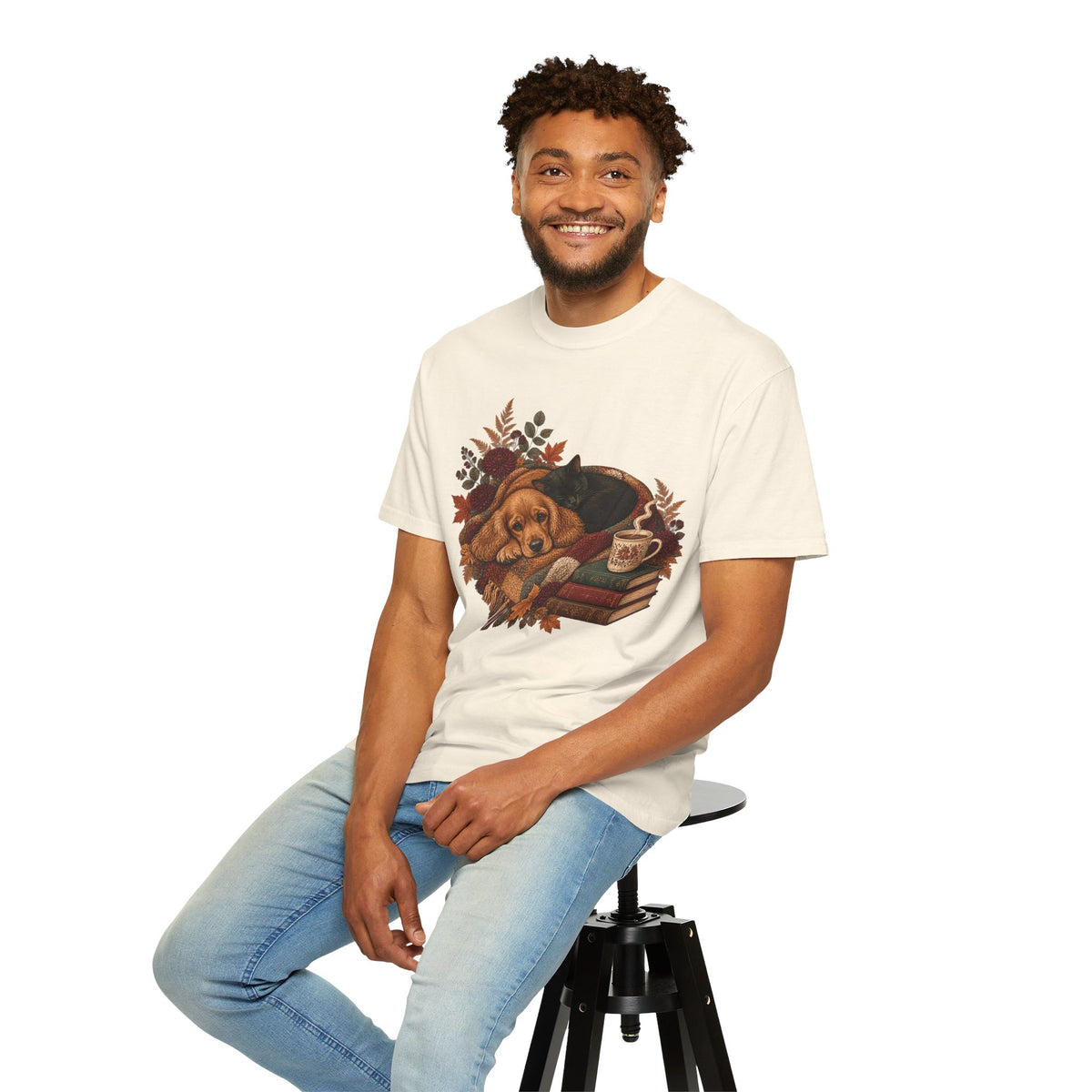 Cozy Autumn Dog & Cat T-Shirt – Sleeping Puppy and Kitten Fall Tee