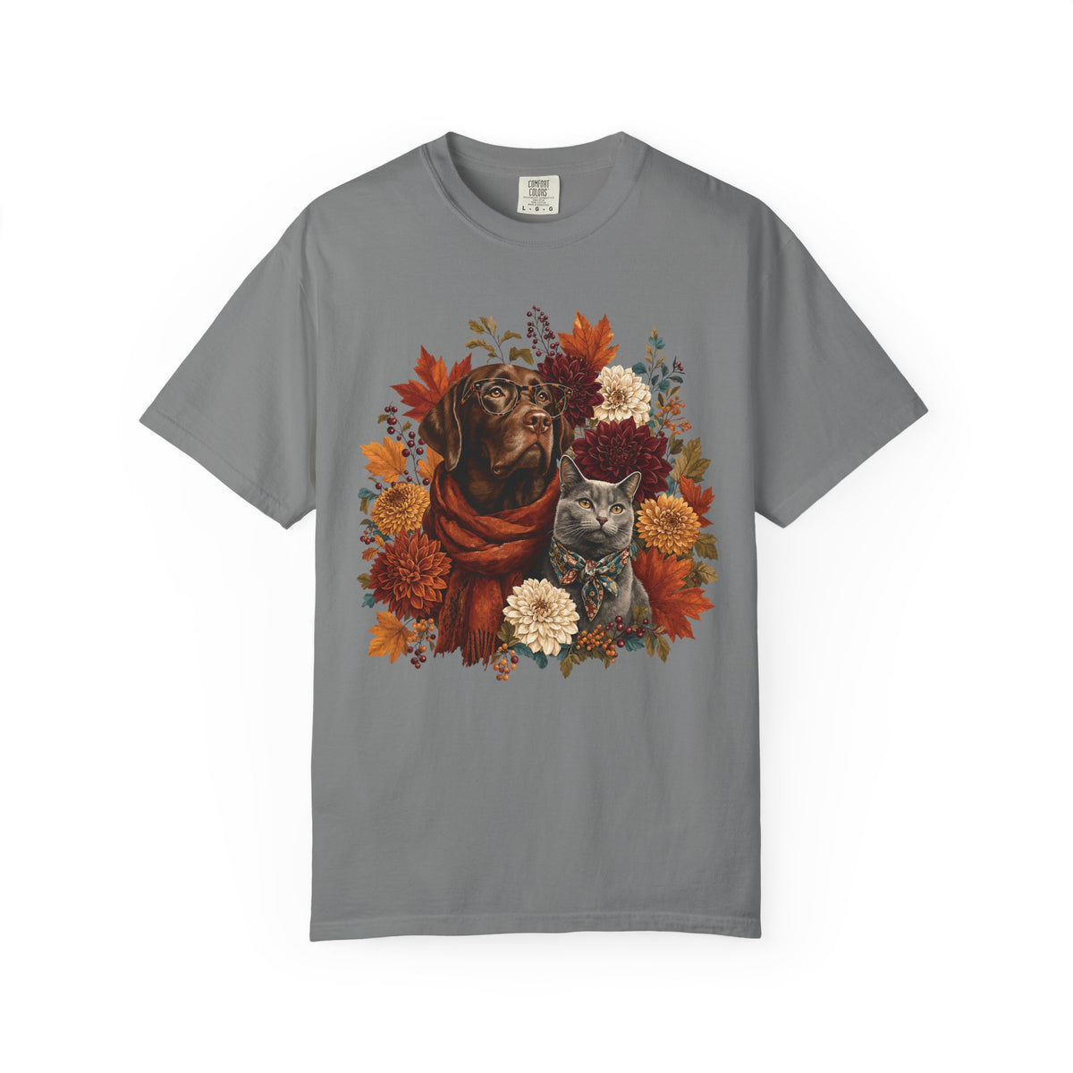 Autumn Dog & Cat T-Shirt – Vintage Floral Pet Lover Fall Graphic Tee