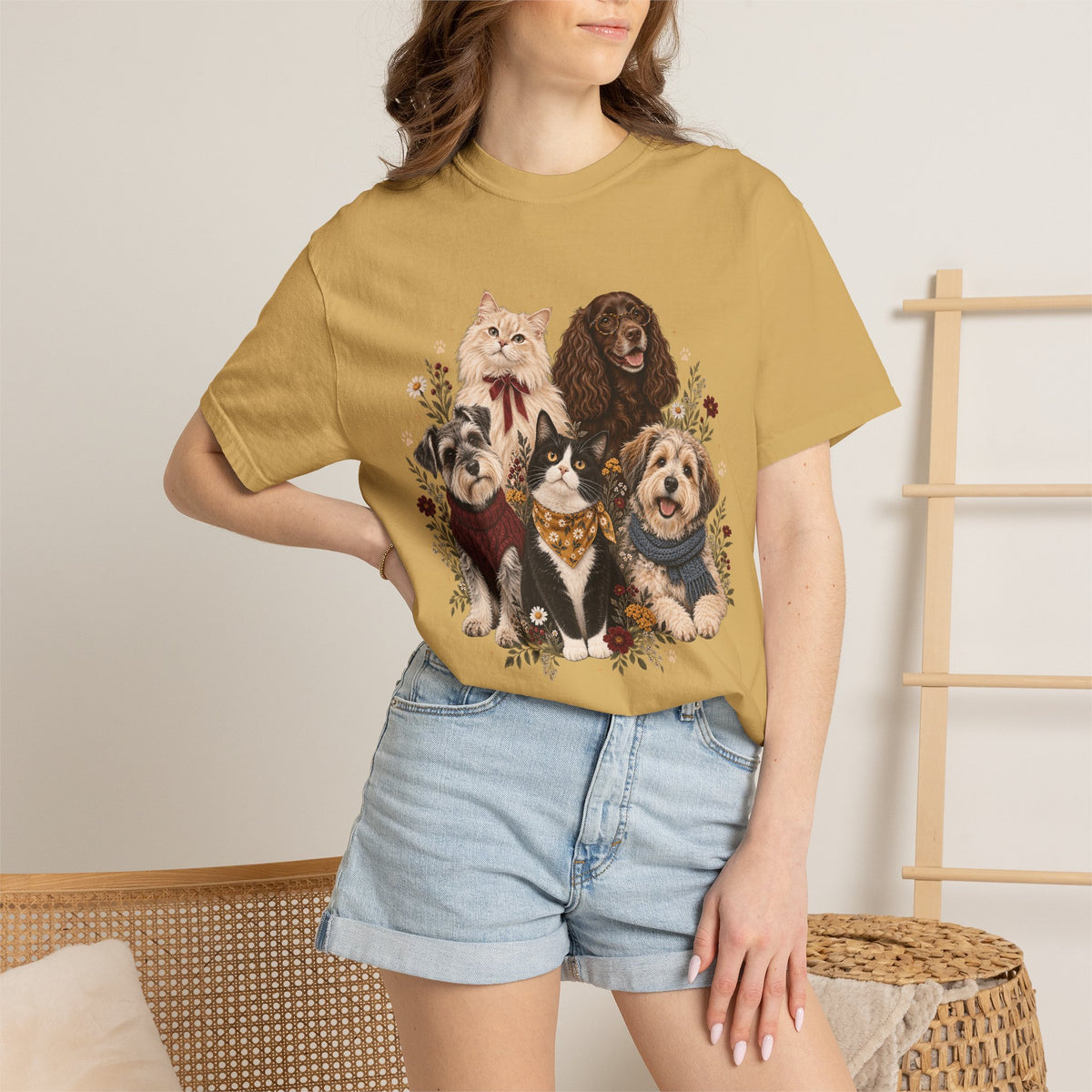 Dog & Cat Family T-Shirt – Vintage Botanical Five Pets Tee