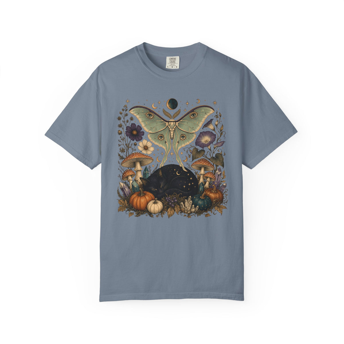 Celestial Black Cat T-Shirt – Witchy Moth & Mushroom Cat Lover Tee