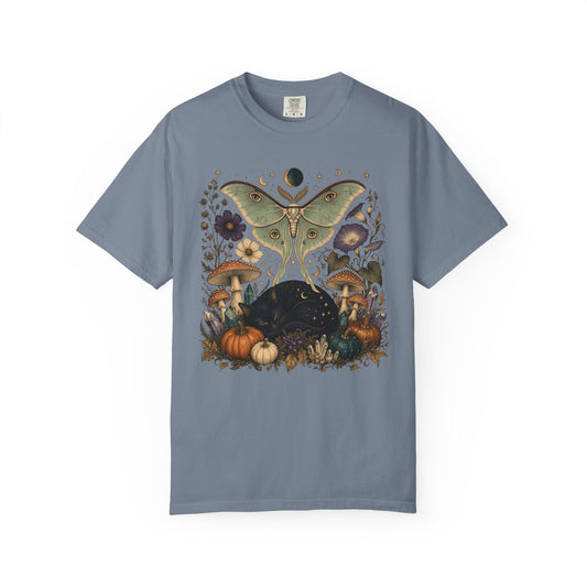 Celestial Black Cat T-Shirt – Witchy Moth & Mushroom Cat Lover Tee