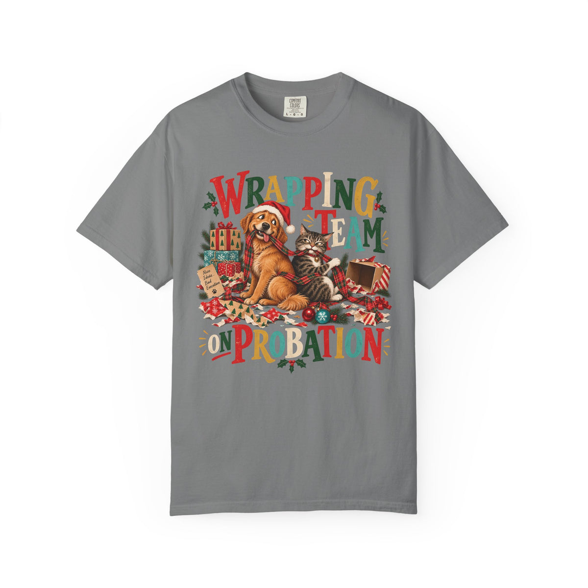 Wrapping Team on Probation T-Shirt – Funny Christmas Dog & Cat Tee