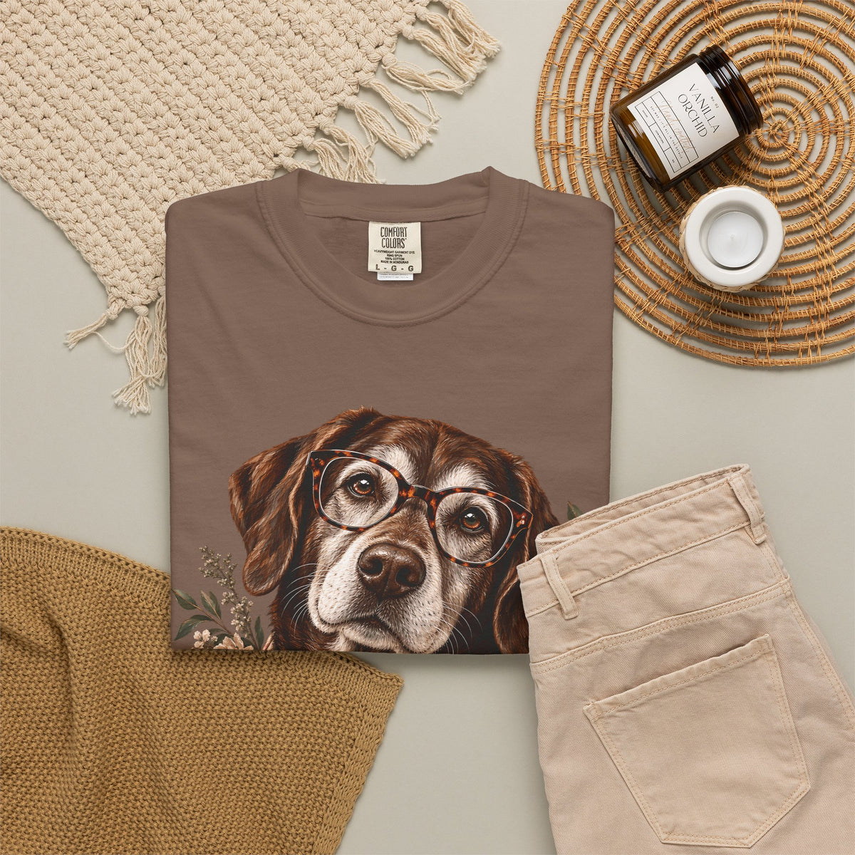 Vintage Floral Dog T-Shirt – Dog with Glasses & Botanical Scarf Tee