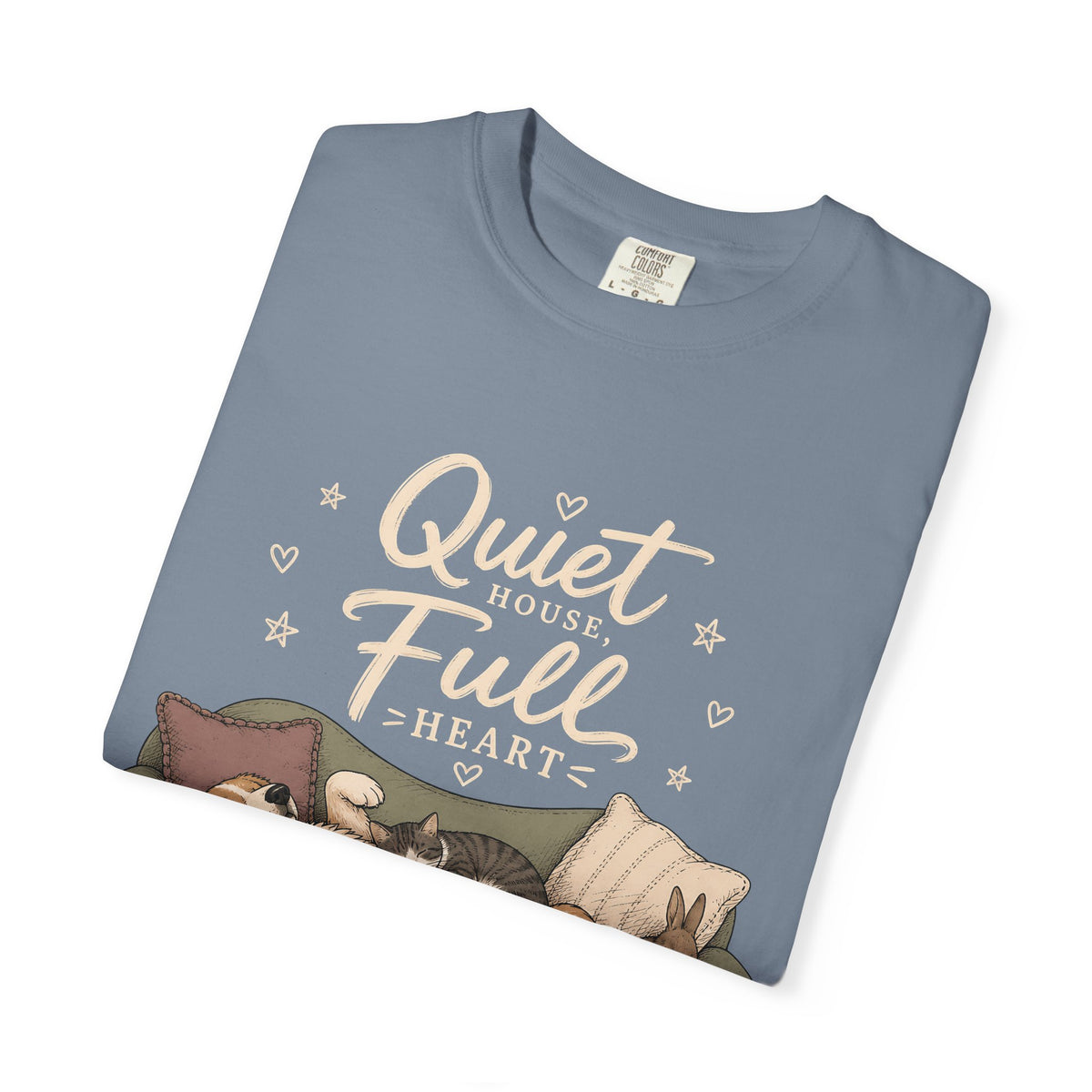 "Quiet House, Full Heart" Sleeping Dog, Cat & Bunny Sofa T-Shirt