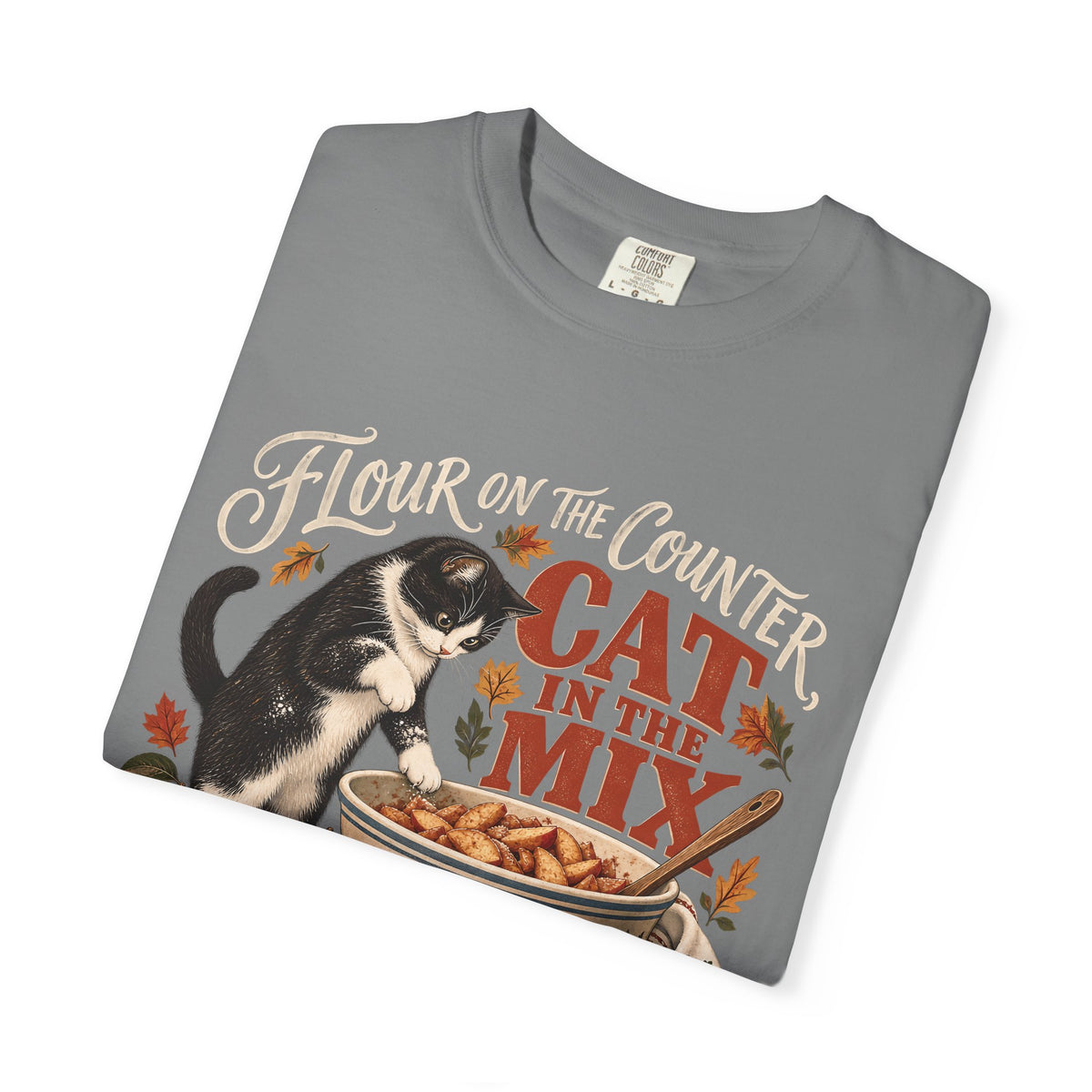 Flour on the Counter Cat in the Mix T-Shirt – Funny Baking Cat Tee
