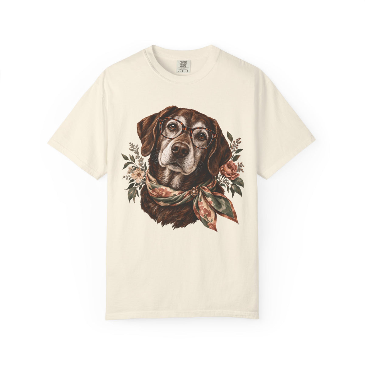 Vintage Floral Dog T-Shirt – Dog with Glasses & Botanical Scarf Tee