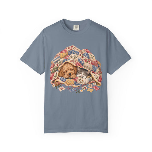 Sleeping Puppy & Kitten T-Shirt – Vintage Patchwork Quilt Pet Lover Tee