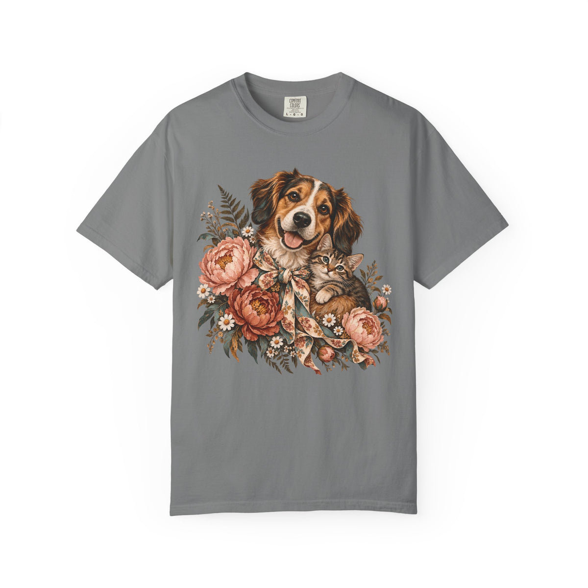 Floral Puppy & Kitten T-Shirt – Vintage Botanical Dog & Cat Lover Tee