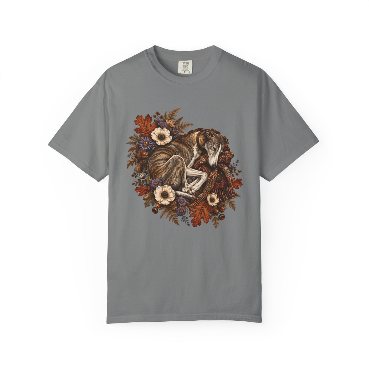 Sleeping Brindle Whippet Grey Hound T-Shirt – Vintage Autumn Sighthound Floral Tee