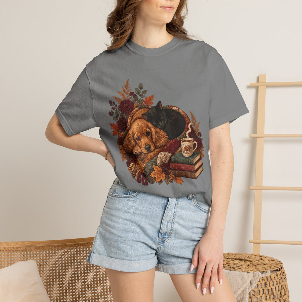 Cozy Autumn Dog & Cat T-Shirt – Sleeping Puppy and Kitten Fall Tee