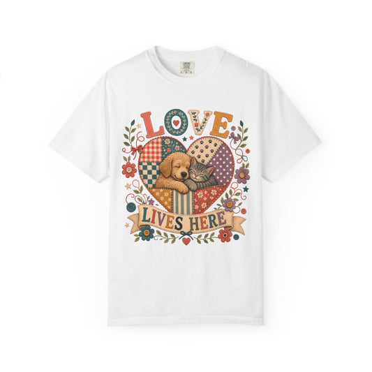 Love Lives Here — Cute Pet Lover T-Shirt - Embroidery Effect Print