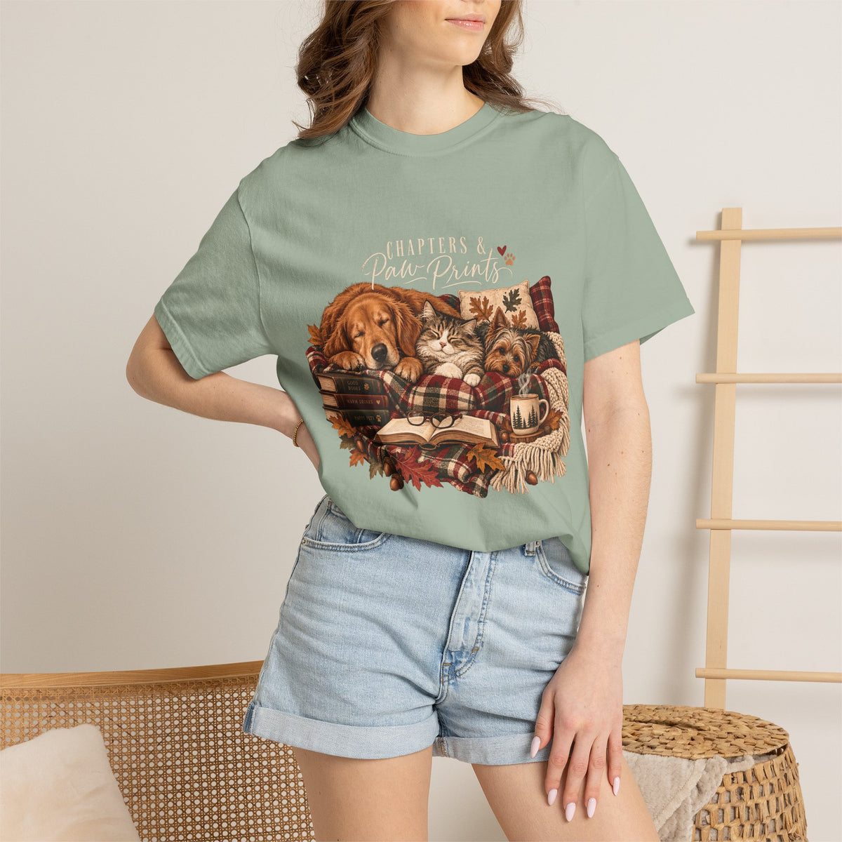 Chapters & Paw Prints T-Shirt – Cozy Book Lover Pet Parent Tee