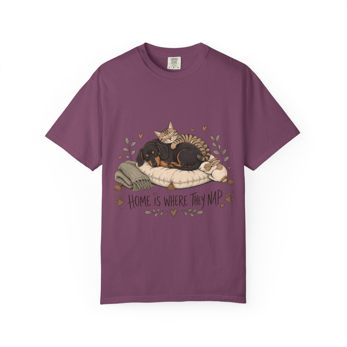 "Home Is Where They Nap" Sleepy Pets T-Shirt – Dachshund, Cat & Bunny Design