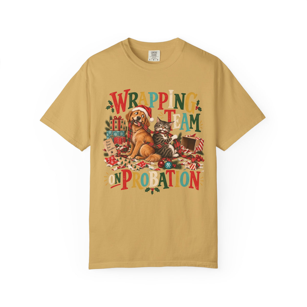 Wrapping Team on Probation T-Shirt – Funny Christmas Dog & Cat Tee