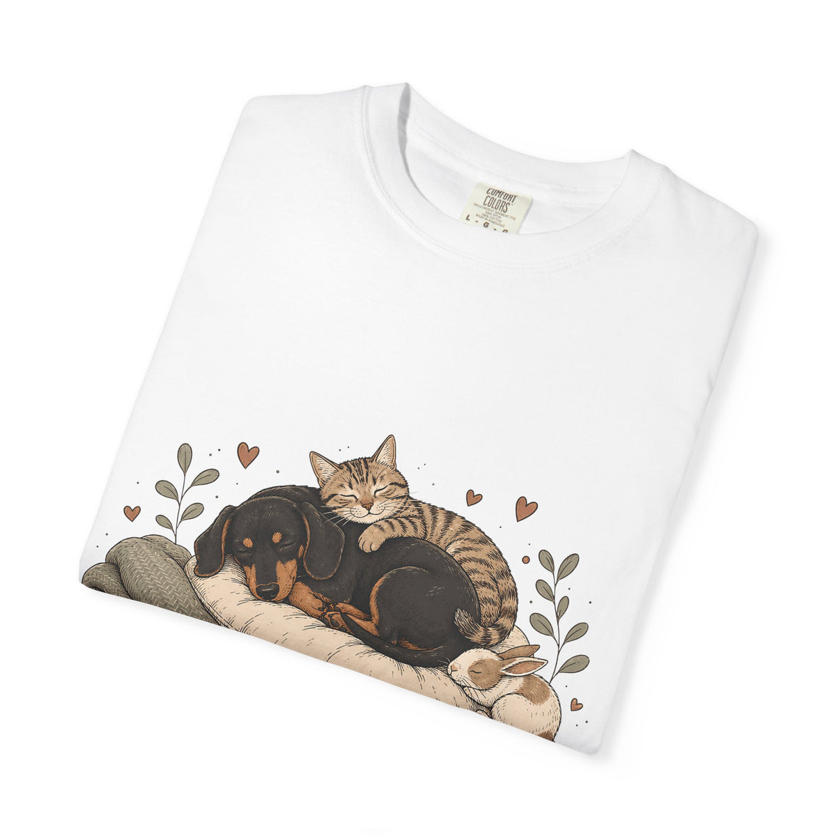 "Home Is Where They Nap" Sleepy Pets T-Shirt – Dachshund, Cat & Bunny Design