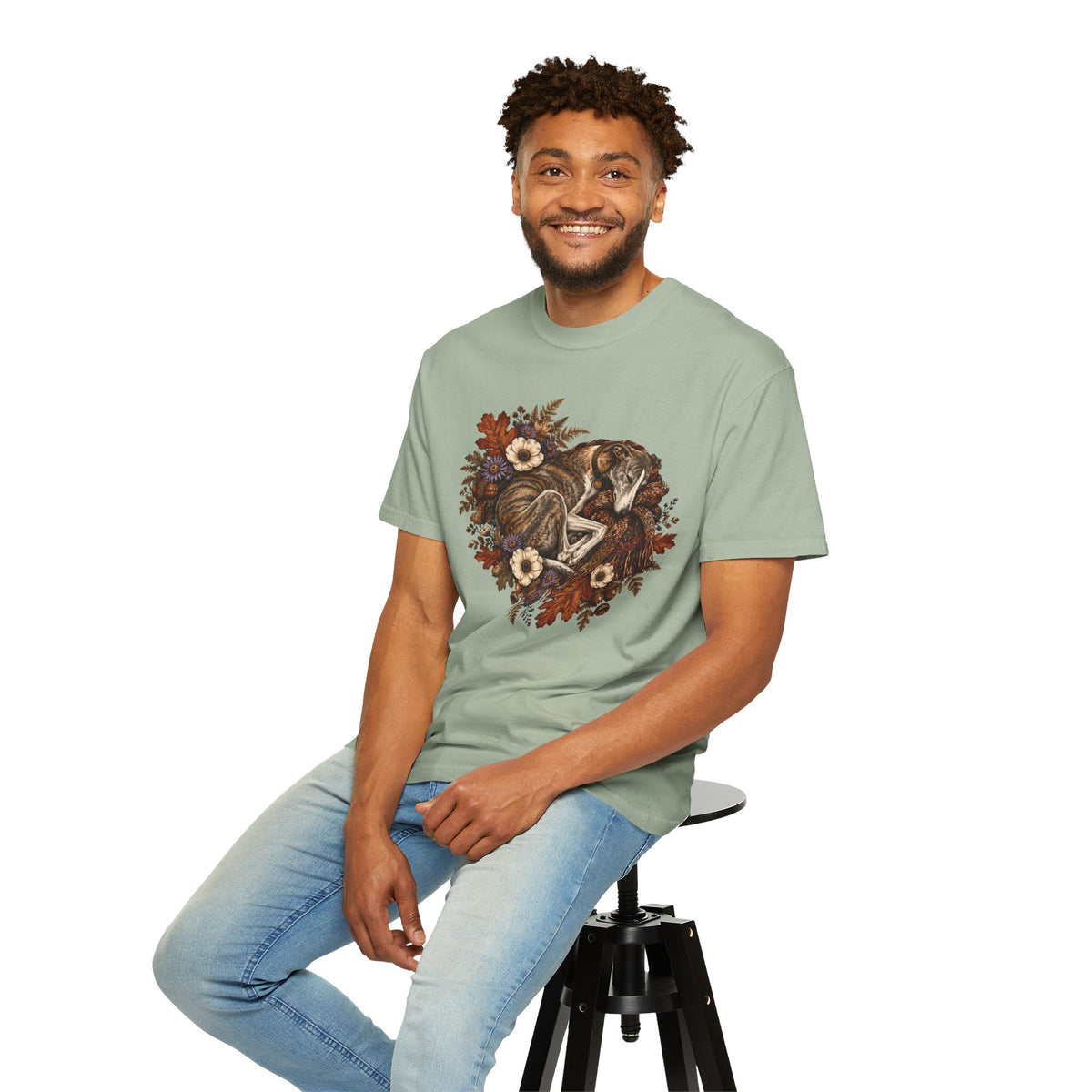 Sleeping Brindle Whippet Grey Hound T-Shirt – Vintage Autumn Sighthound Floral Tee