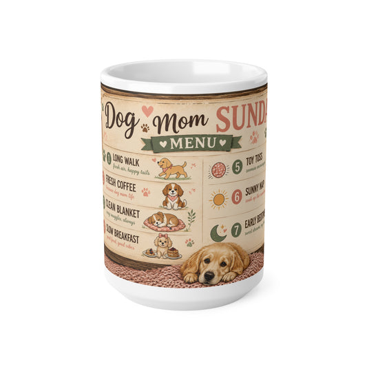 Dog Mom Sunday Menu Mug — Cute Coffee Cup for Dog Lovers (15oz Mug)