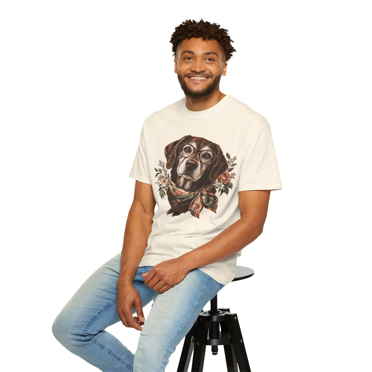 Vintage Floral Dog T-Shirt – Dog with Glasses & Botanical Scarf Tee