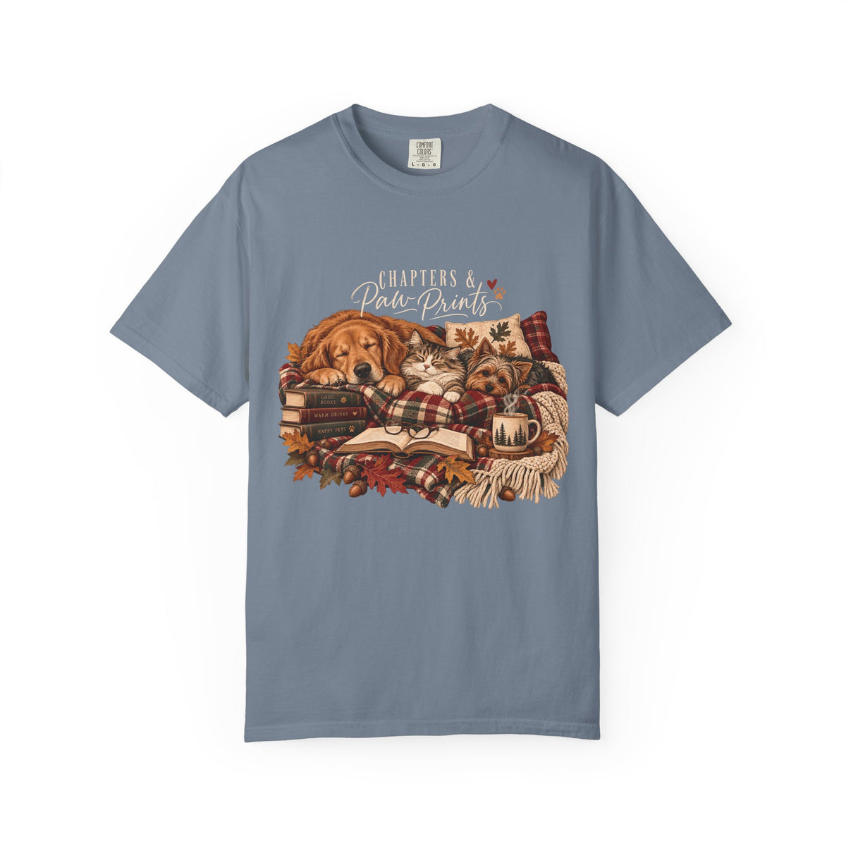 Chapters & Paw Prints T-Shirt – Cozy Book Lover Pet Parent Tee