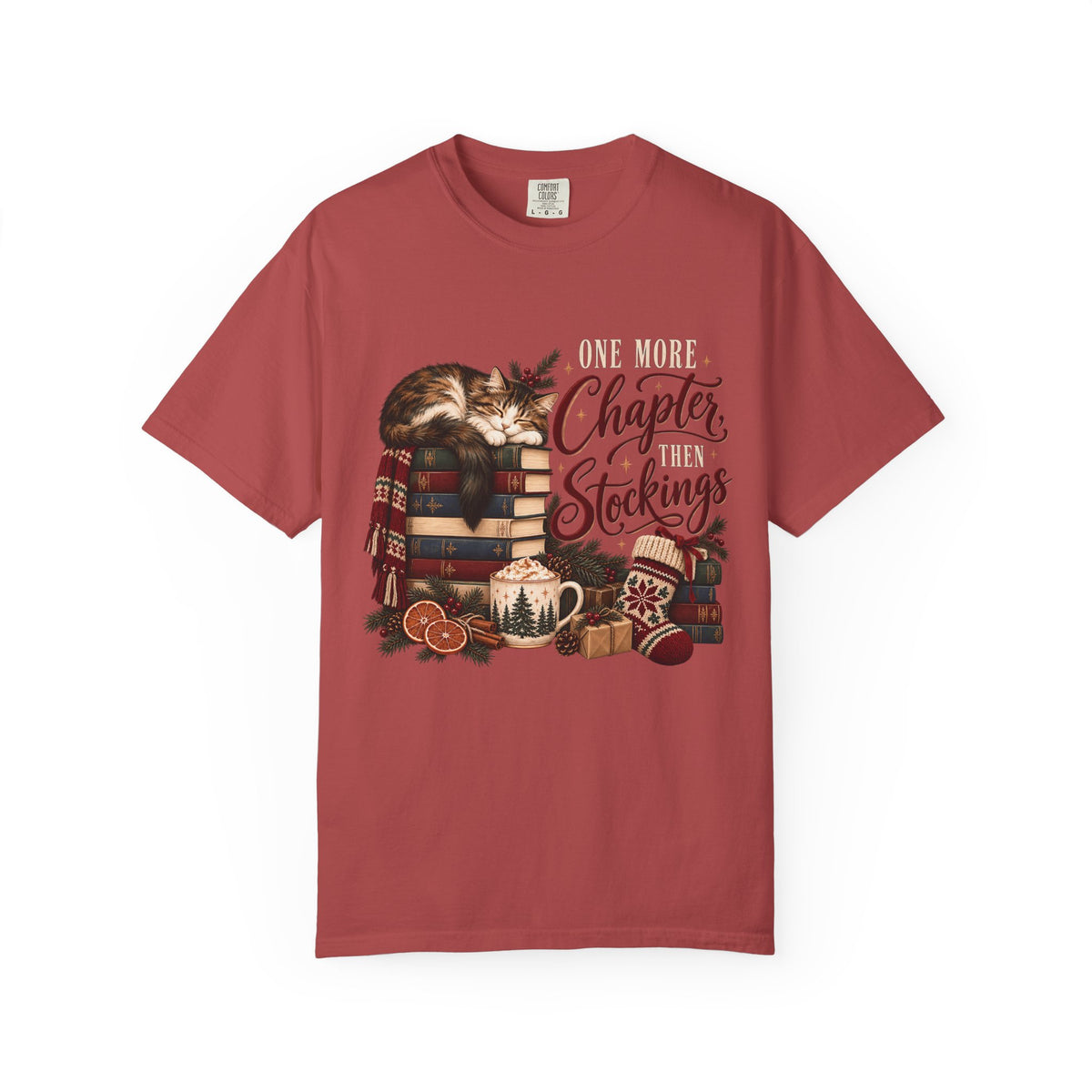 One More Chapter Then Stockings T-Shirt – Christmas Cat & Book Lover Tee