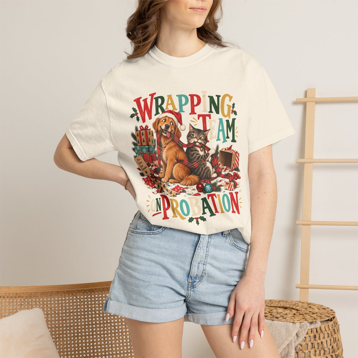 Wrapping Team on Probation T-Shirt – Funny Christmas Dog & Cat Tee