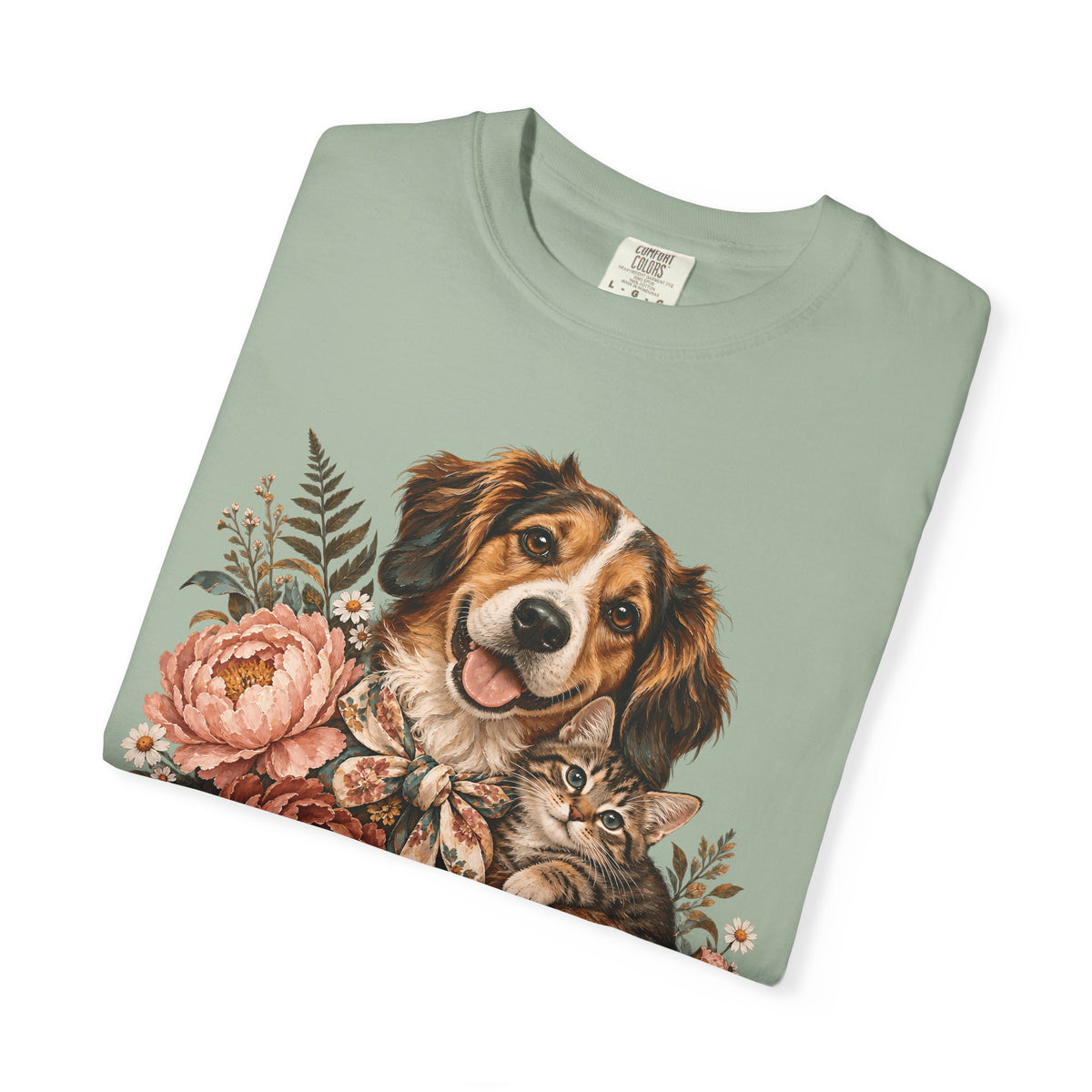 Floral Puppy & Kitten T-Shirt – Vintage Botanical Dog & Cat Lover Tee