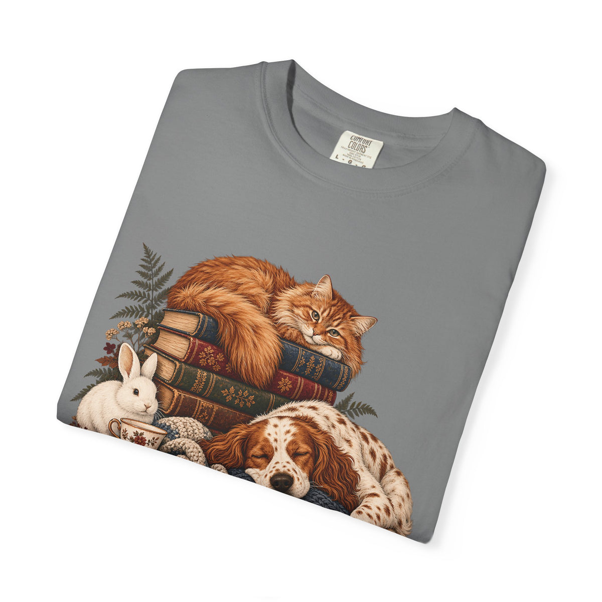 Cozy Reading Pets T-Shirt – Cat, Dog & Bunny Book Lover Tee