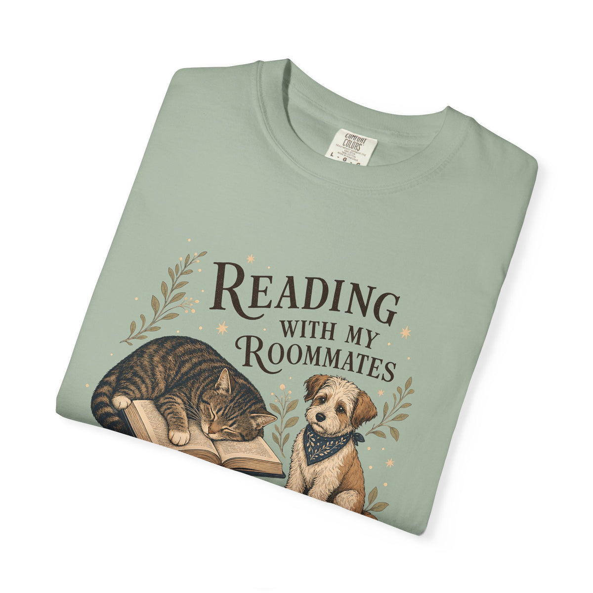 "Reading With My Roommates" Cat, Dog & Bunny Book Lover T-Shirt