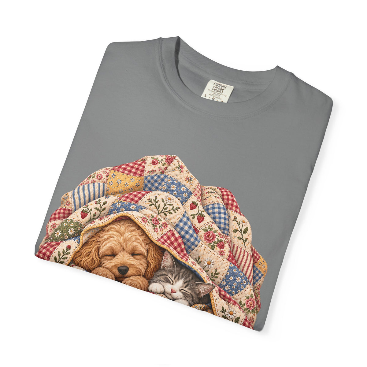 Sleeping Puppy & Kitten T-Shirt – Vintage Patchwork Quilt Pet Lover Tee