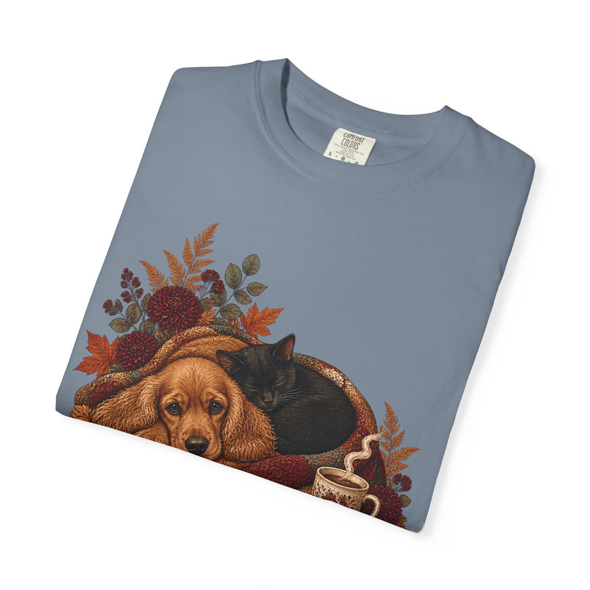 Cozy Autumn Dog & Cat T-Shirt – Sleeping Puppy and Kitten Fall Tee