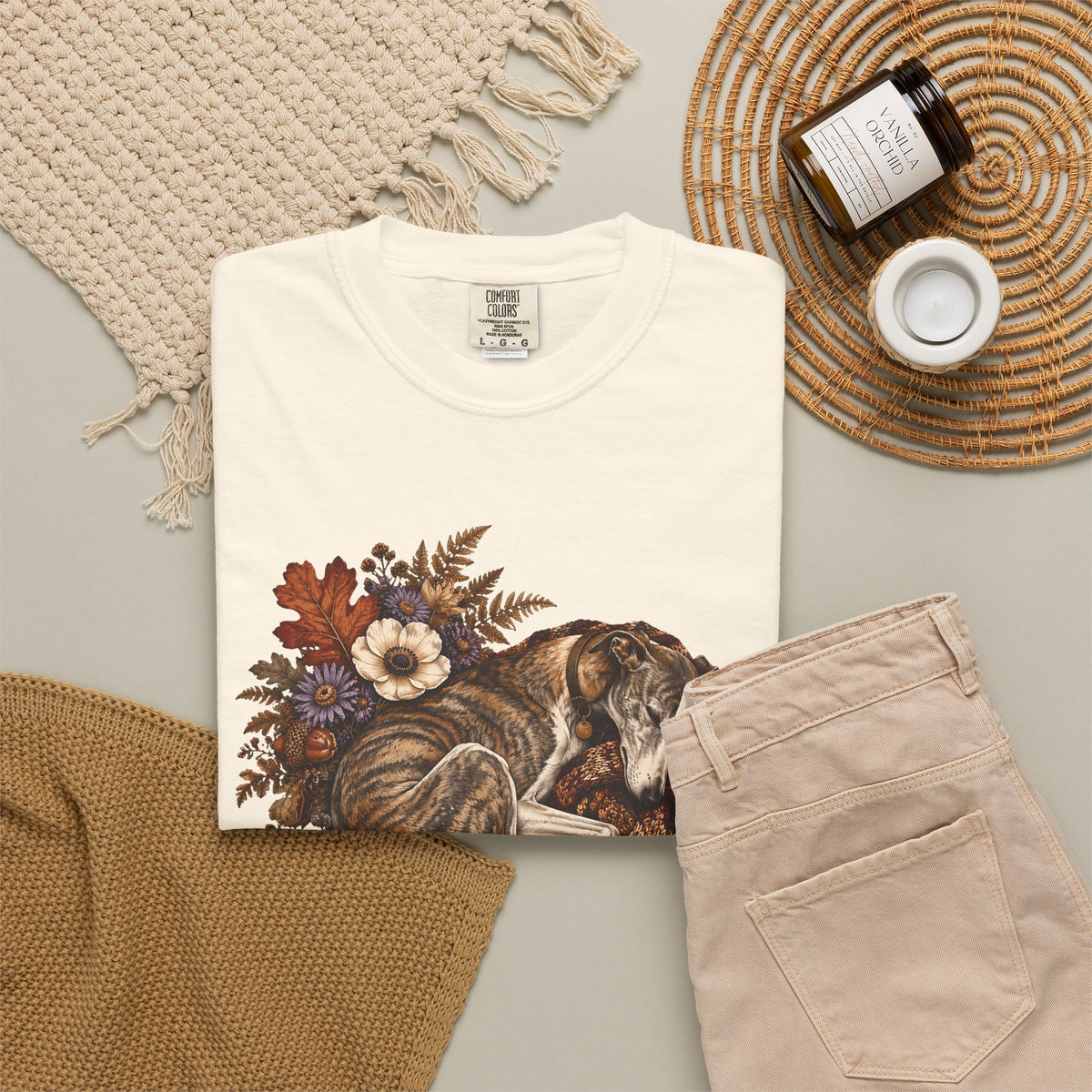 Sleeping Brindle Whippet Grey Hound T-Shirt – Vintage Autumn Sighthound Floral Tee