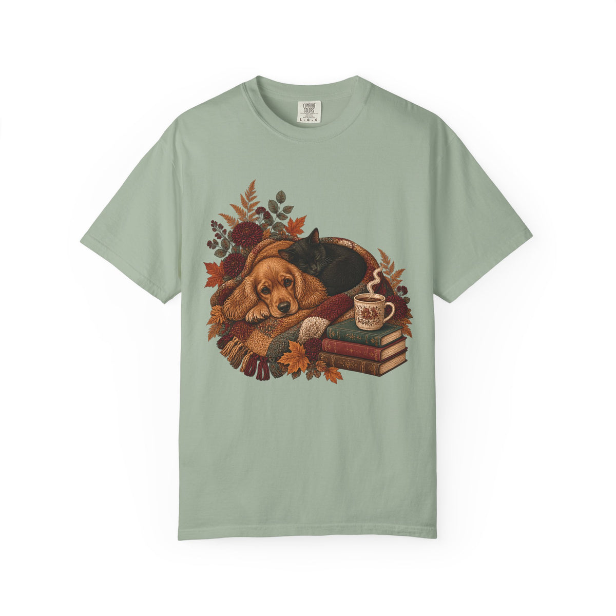 Cozy Autumn Dog & Cat T-Shirt – Sleeping Puppy and Kitten Fall Tee