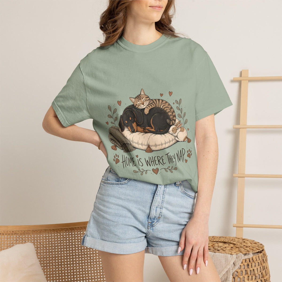 "Home Is Where They Nap" Sleepy Pets T-Shirt – Dachshund, Cat & Bunny Design