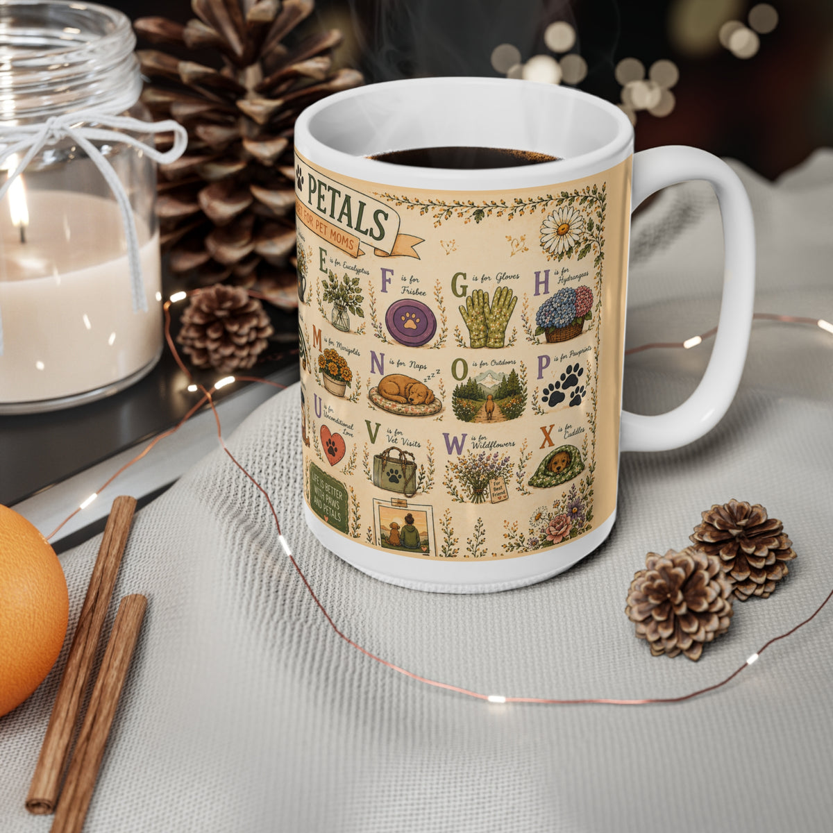 Paws & Petals Alphabet Ceramic Mug — Illustrated A–Z Pet Plants, 15oz Mug
