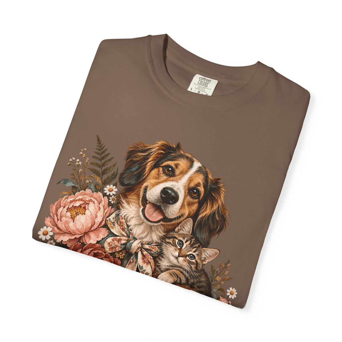 Floral Puppy & Kitten T-Shirt – Vintage Botanical Dog & Cat Lover Tee