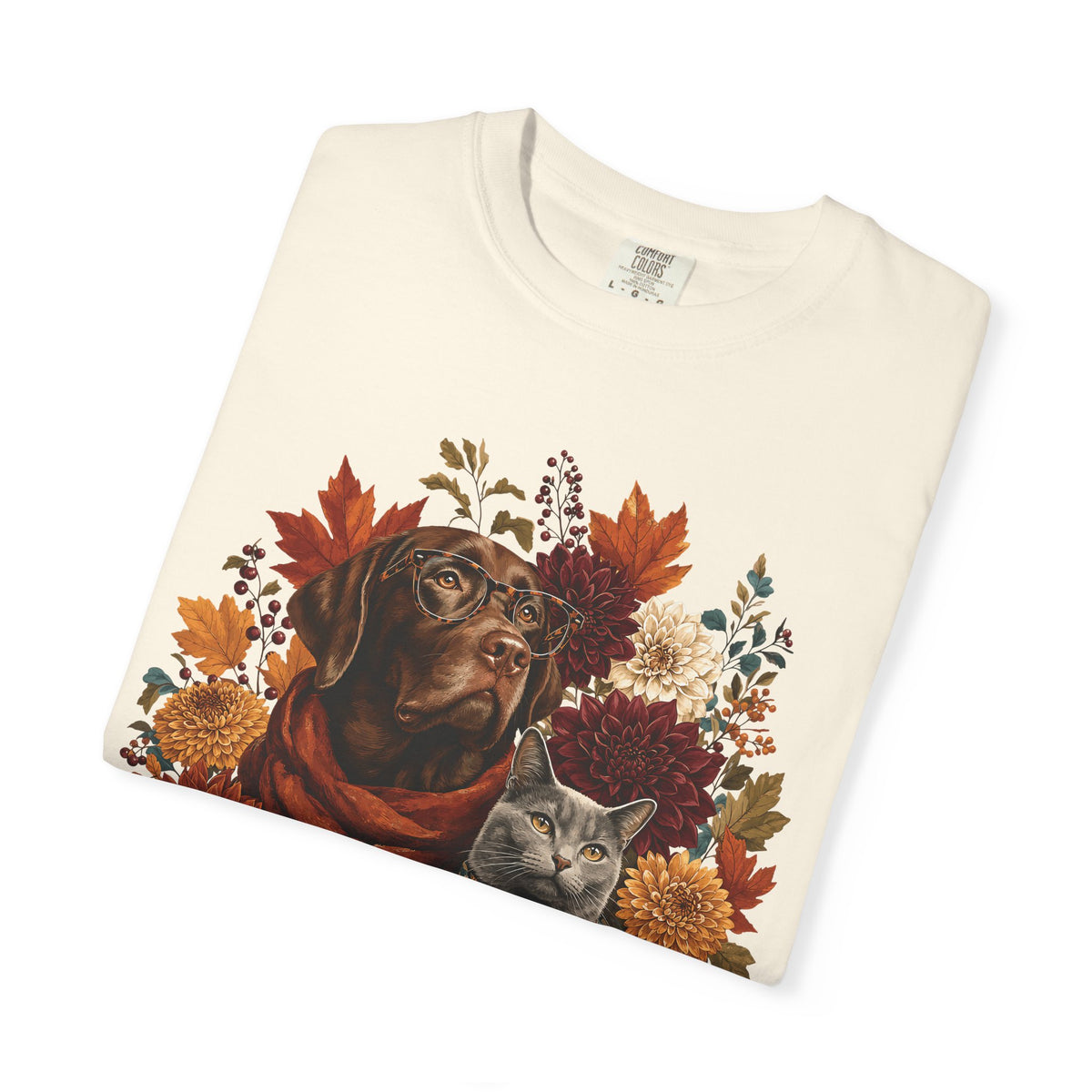 Autumn Dog & Cat T-Shirt – Vintage Floral Pet Lover Fall Graphic Tee