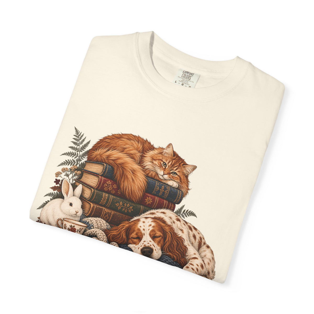 Cozy Reading Pets T-Shirt – Cat, Dog & Bunny Book Lover Tee
