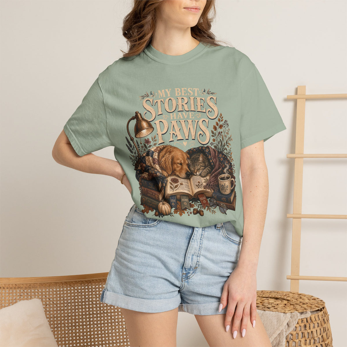My Best Stories Have Paws – Book Lover Dog & Cat T-Shirt