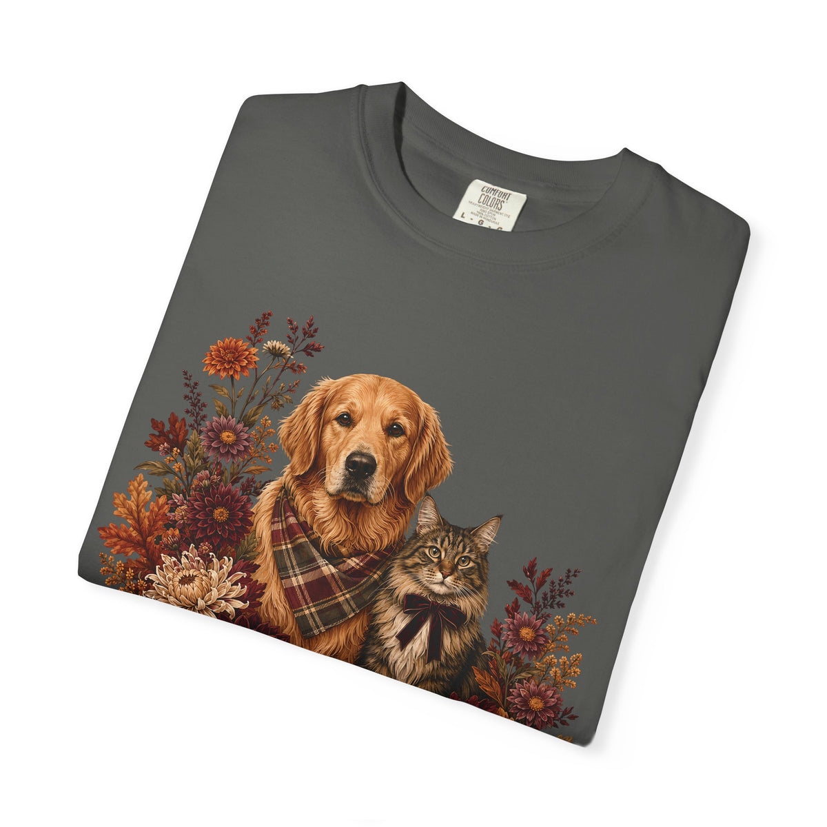 Autumn Dog & Cat Floral T-Shirt – Cozy Fall Pet Lover Graphic T-Shirt