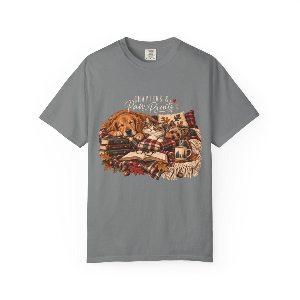 Chapters & Paw Prints T-Shirt – Cozy Book Lover Pet Parent Tee